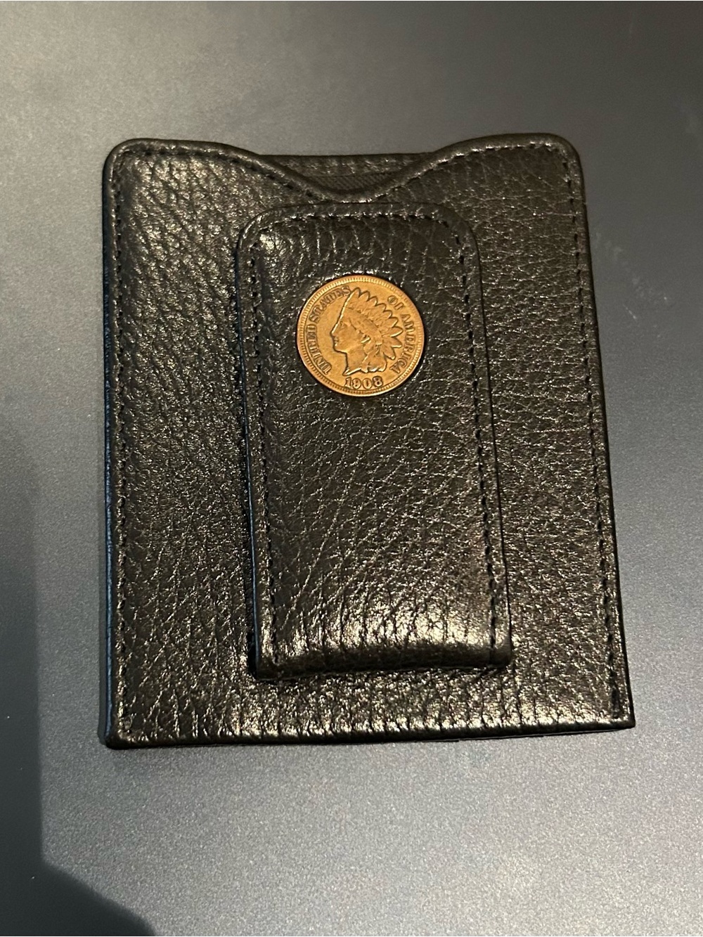 Tokens & Icons Black Pebbled Leather Indian Head Money Clip 1908